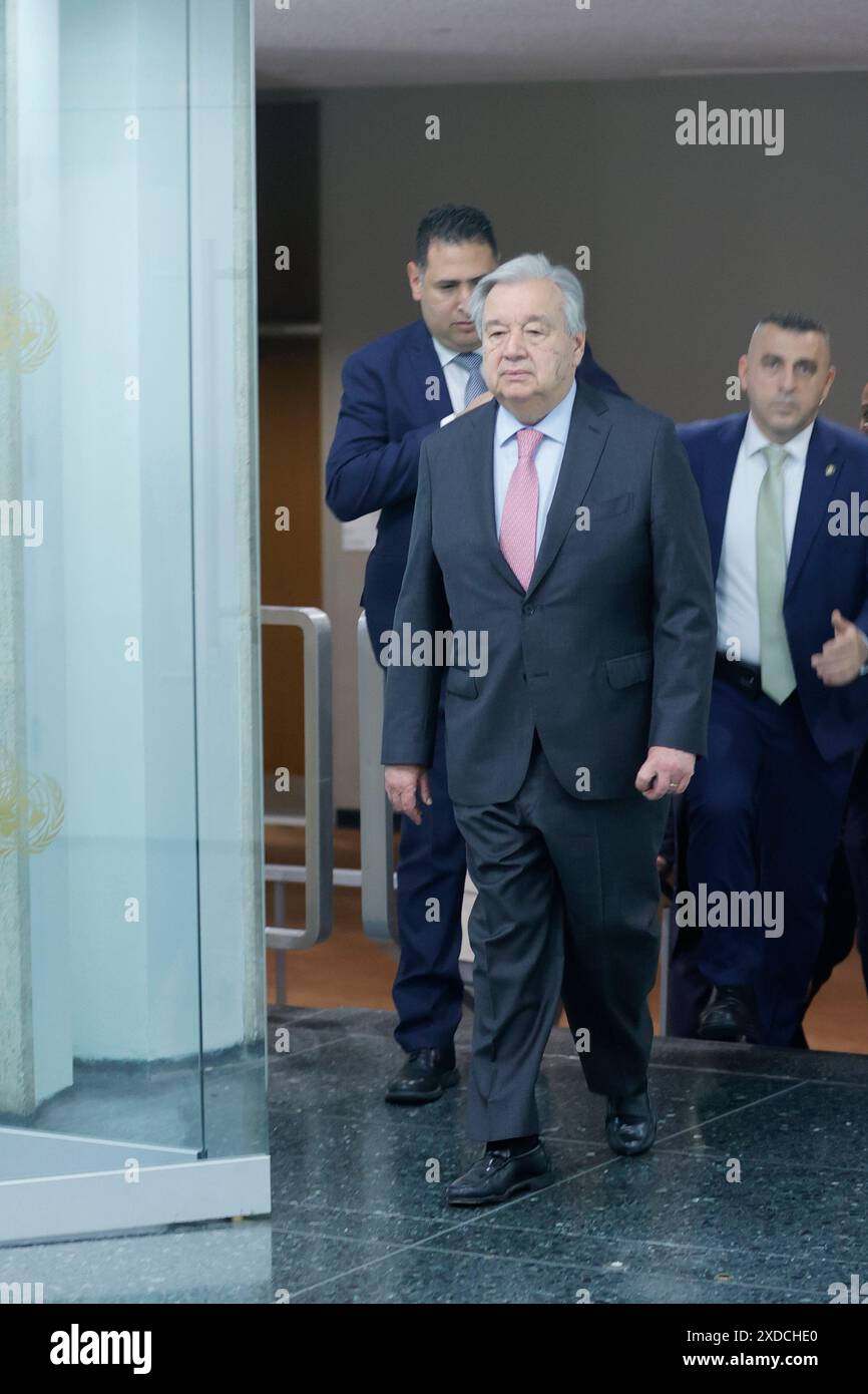 Vereinte Nationen, New York, USA, 21. Juni 2024 - UN-Generalsekretär Antonio Guterres berichtet über die Eskalation zwischen Israel und der Hisbollah Stockfoto