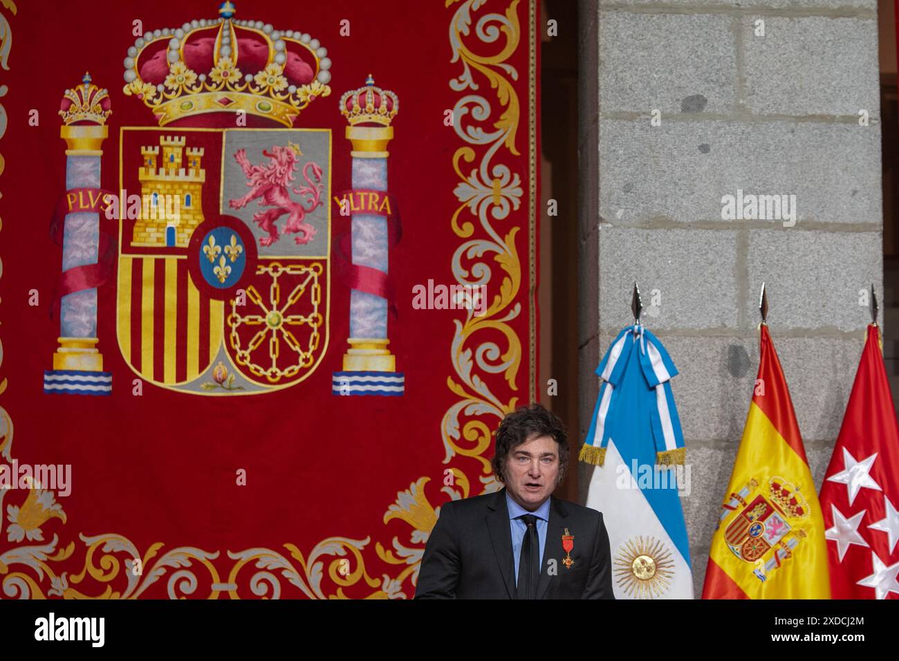 Madrid, Spanien. Juni 2024. Der Präsident der Argentinischen Republik, Javier Milei, während der Zeremonie zur Verleihung der Ehrenauszeichnung der Internationalen Medaille der Gemeinschaft Madrid im Real Casa de Correos in Madrid, Spanien. Quelle: D. Canales Carvajal/Alamy Live News Stockfoto