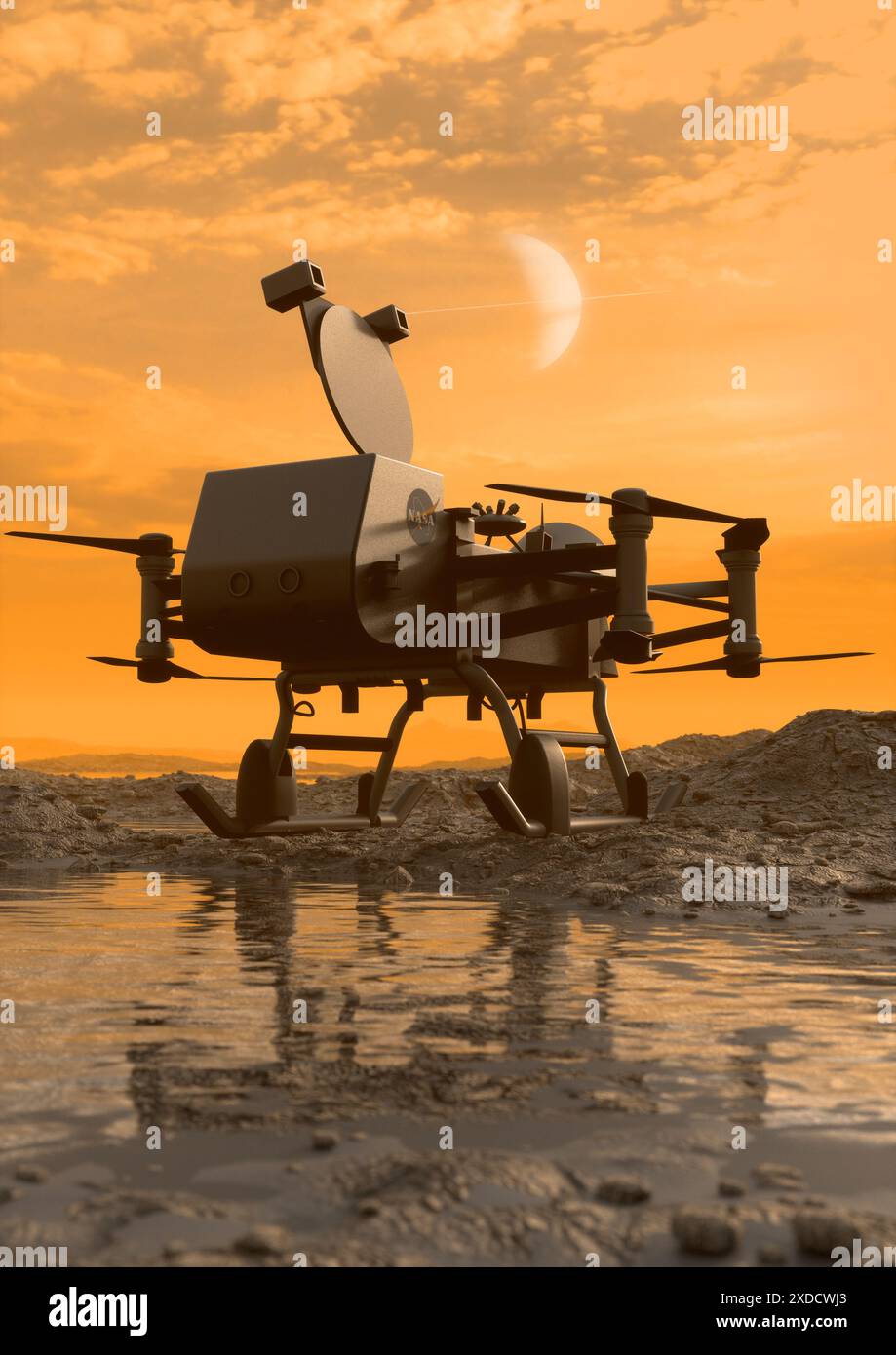 Kunstwerk mit der NASA-Drohne Dragonfly. Die Sonde soll 2028 starten und Titan besuchen, den größten Saturnmond und den einzigen natürlichen Satelliten, der mit flüssigen Körpern auf seiner Oberfläche bekannt ist. Titans Seen und Meere bestehen aus Kohlenwasserstoffen wie Methan und Ethan. Dragonfly wird nach ihrer Ankunft im Jahr 2034 nach Anzeichen präbiotischer chemischer Prozesse suchen, die sowohl auf Titan als auch auf der frühen Erde vor der Entwicklung des Lebens üblich sind. Stockfoto Kunstwerk mit der NASA-Drohne Dragonfly. Die Sonde soll 2028 starten und Titan besuchen, den größten Saturnmond und den einzigen natürlichen Satelliten, der mit flüssigen Körpern auf seiner Oberfläche bekannt ist. Titans Seen und Meere bestehen aus Kohlenwasserstoffen wie Methan und Ethan. Dragonfly wird nach ihrer Ankunft im Jahr 2034 nach Anzeichen präbiotischer chemischer Prozesse suchen, die sowohl auf Titan als auch auf der frühen Erde vor der Entwicklung des Lebens üblich sind. Stockfoto