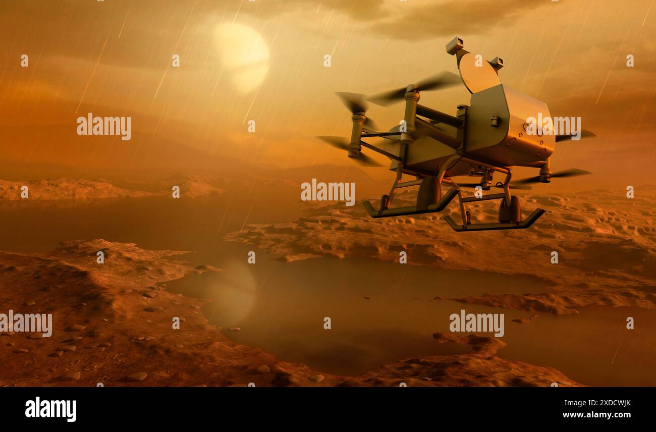 Kunstwerk mit der NASA-Drohne Dragonfly. Die Sonde soll 2028 starten und Titan besuchen, den größten Saturnmond und den einzigen natürlichen Satelliten, der mit flüssigen Körpern auf seiner Oberfläche bekannt ist. Titans Seen und Meere bestehen aus Kohlenwasserstoffen wie Methan und Ethan. Dragonfly wird nach ihrer Ankunft im Jahr 2034 nach Anzeichen präbiotischer chemischer Prozesse suchen, die sowohl auf Titan als auch auf der frühen Erde vor der Entwicklung des Lebens üblich sind. Stockfoto Kunstwerk mit der NASA-Drohne Dragonfly. Die Sonde soll 2028 starten und Titan besuchen, den größten Saturnmond und den einzigen natürlichen Satelliten, der mit flüssigen Körpern auf seiner Oberfläche bekannt ist. Titans Seen und Meere bestehen aus Kohlenwasserstoffen wie Methan und Ethan. Dragonfly wird nach ihrer Ankunft im Jahr 2034 nach Anzeichen präbiotischer chemischer Prozesse suchen, die sowohl auf Titan als auch auf der frühen Erde vor der Entwicklung des Lebens üblich sind. Stockfoto