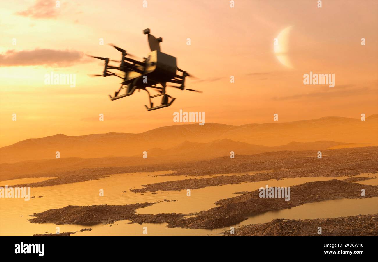 Kunstwerk mit der NASA-Drohne Dragonfly. Die Sonde soll 2028 starten und Titan besuchen, den größten Saturnmond und den einzigen natürlichen Satelliten, der mit flüssigen Körpern auf seiner Oberfläche bekannt ist. Titans Seen und Meere bestehen aus Kohlenwasserstoffen wie Methan und Ethan. Dragonfly wird nach ihrer Ankunft im Jahr 2034 nach Anzeichen präbiotischer chemischer Prozesse suchen, die sowohl auf Titan als auch auf der frühen Erde vor der Entwicklung des Lebens üblich sind. Stockfoto Kunstwerk mit der NASA-Drohne Dragonfly. Die Sonde soll 2028 starten und Titan besuchen, den größten Saturnmond und den einzigen natürlichen Satelliten, der mit flüssigen Körpern auf seiner Oberfläche bekannt ist. Titans Seen und Meere bestehen aus Kohlenwasserstoffen wie Methan und Ethan. Dragonfly wird nach ihrer Ankunft im Jahr 2034 nach Anzeichen präbiotischer chemischer Prozesse suchen, die sowohl auf Titan als auch auf der frühen Erde vor der Entwicklung des Lebens üblich sind. Stockfoto