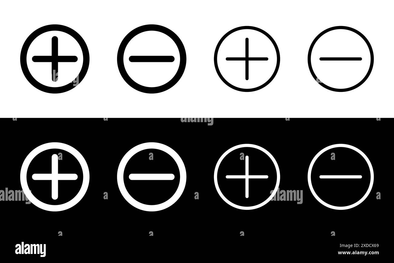 Minus- und Plus-Symbole haben unterschiedliche Dicke. Stock Vektor