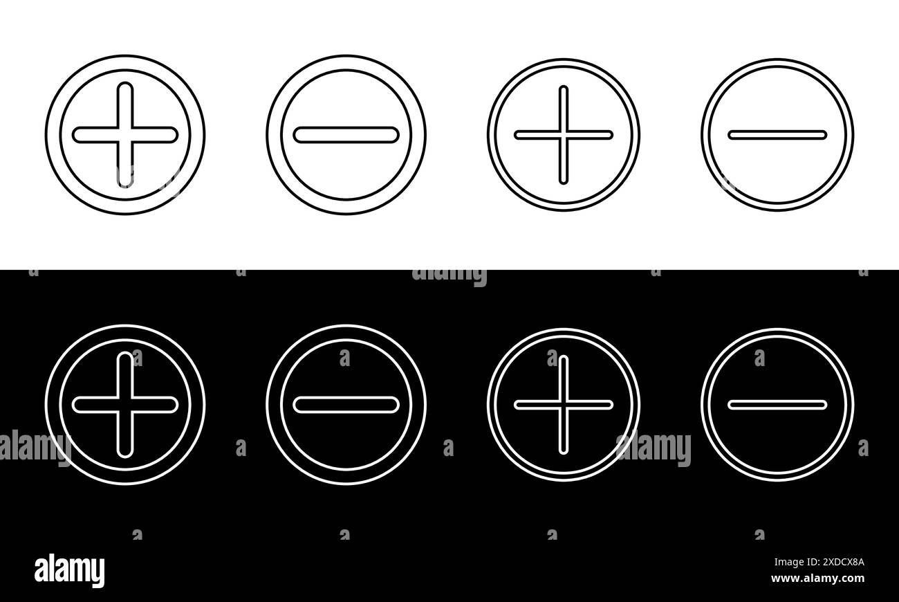 Minus- und Plus-Symbole haben unterschiedliche Dicke. Stock Vektor