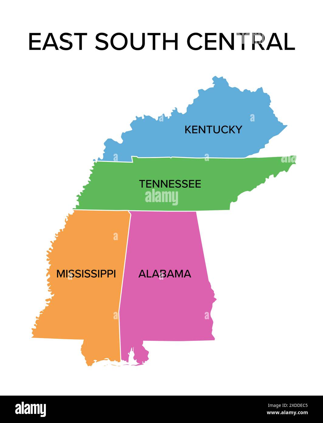 Ost-Süd-zentralstaaten, mehrfarbige politische Karte. United States Census Division of the South Region. Stockfoto