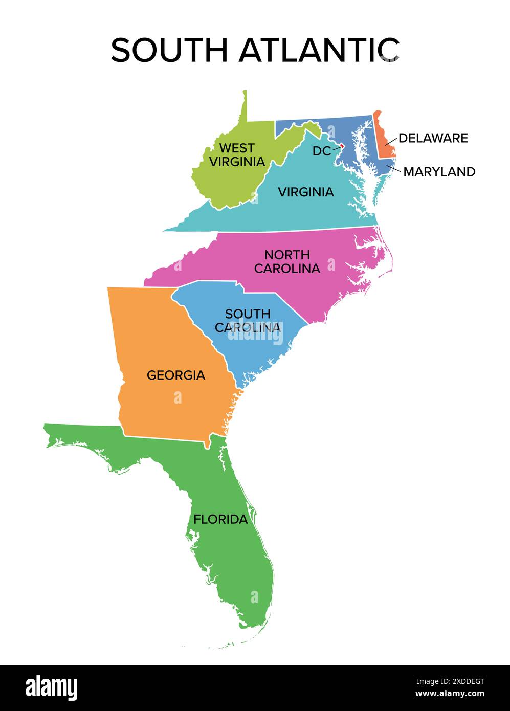 Südatlantische staaten, mehrfarbige politische Karte. United States Census Division of the South Region. Stockfoto