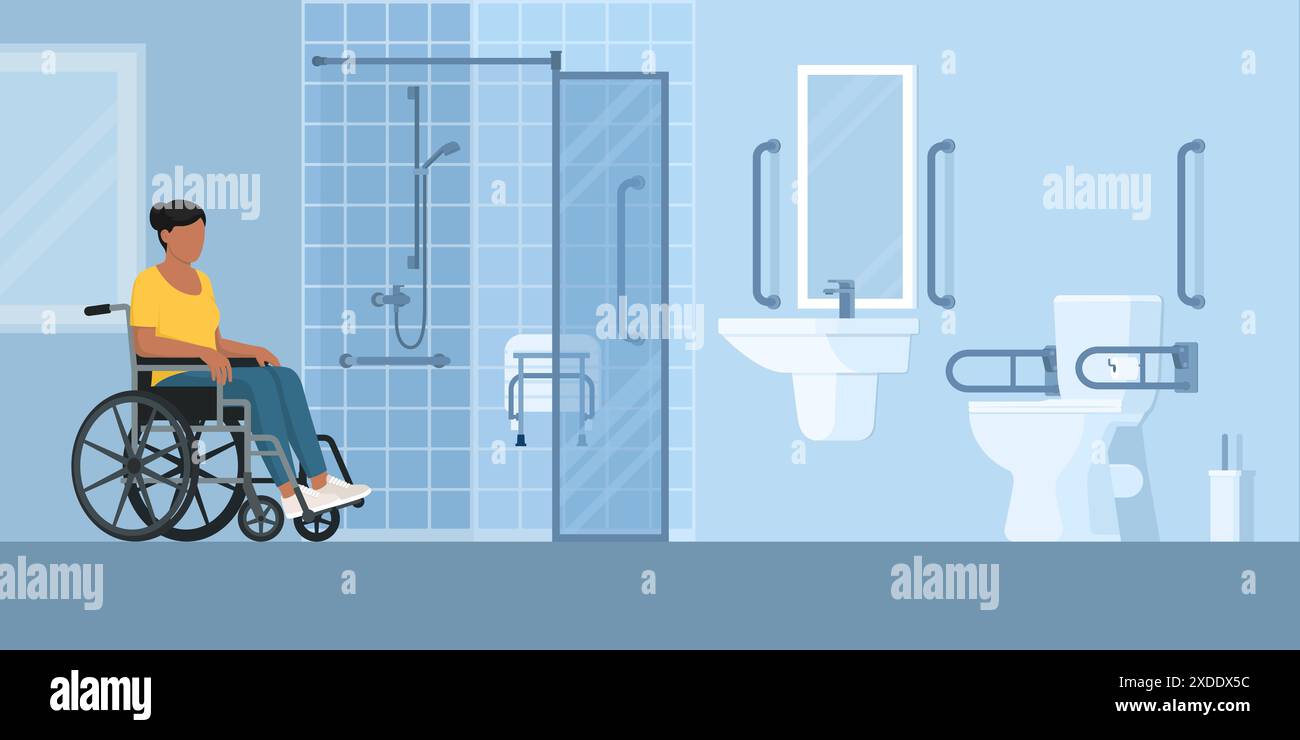 Frau im Rollstuhl in einem barrierefreien Badezimmer, Inneneinrichtung und Zugänglichkeit Stock Vektor