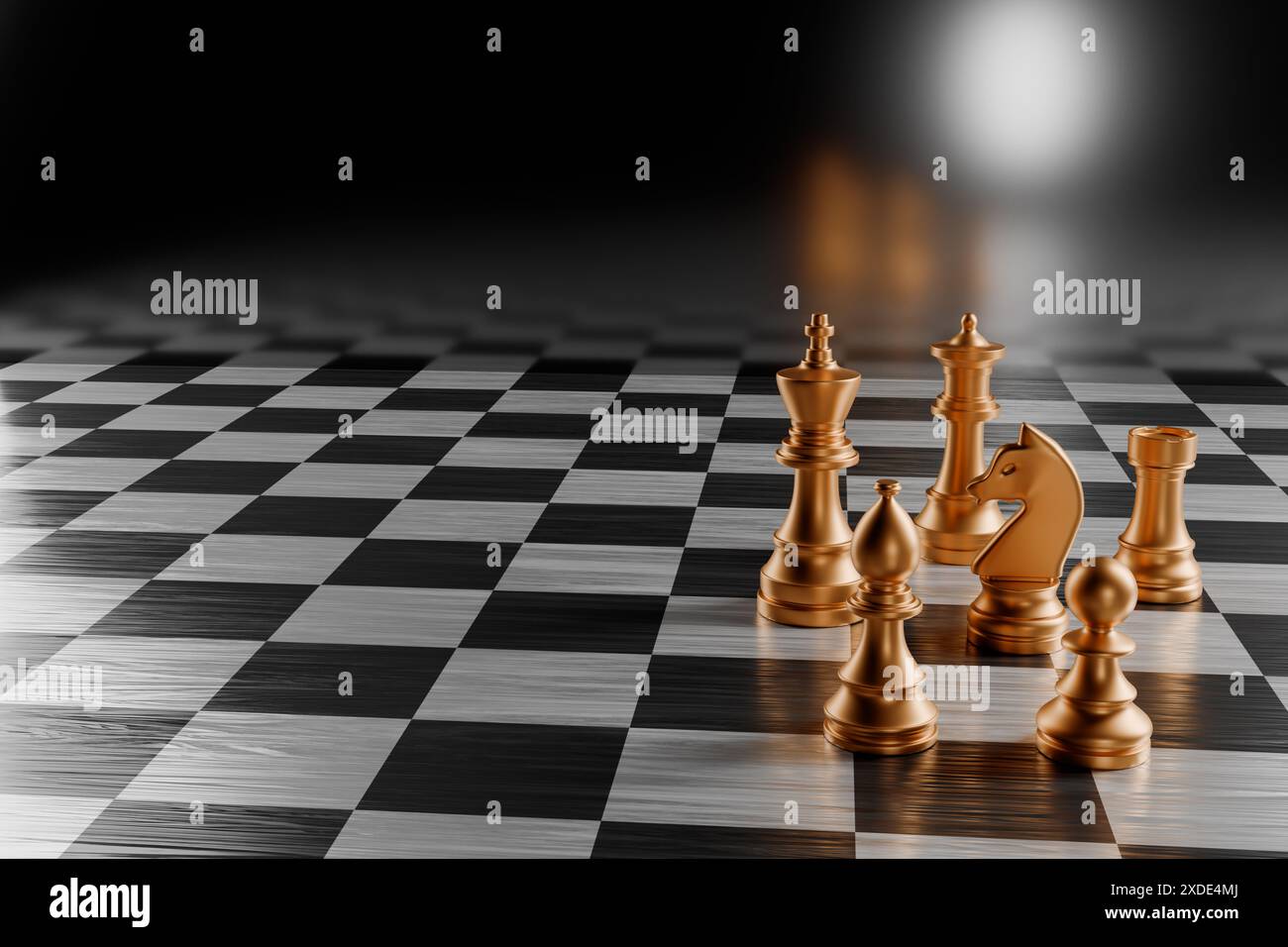 Goldene Schachfiguren auf einem schwarz-weißen Schachbrett mit verschwommenem Hintergrund. 3D-Darstellung Stockfoto