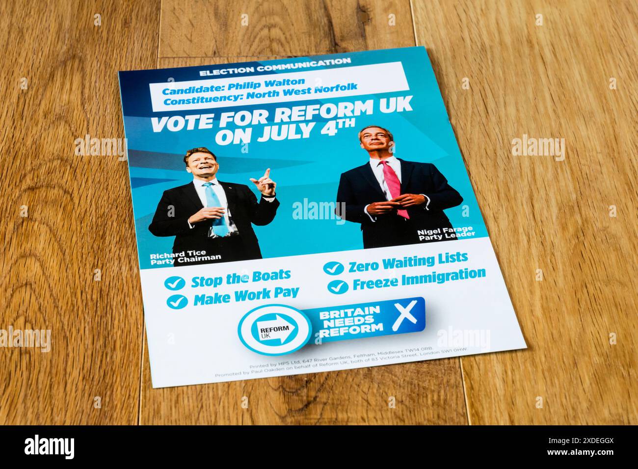 Ein Wahlkampfblatt der rechten Reform UK-Partei für die Parlamentswahlen 2024. Stockfoto