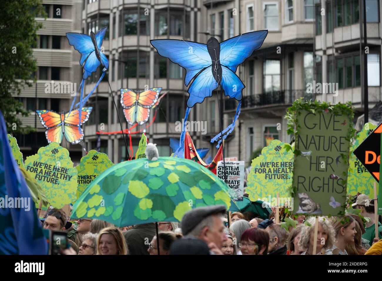 Natur jetzt wiederherstellen märz. Der märz ruft zu dringenden politischen Maßnahmen in Bezug auf Natur- und Klimakrisen auf. Der marsch wird von einer vielfältigen Gruppe von Dutzenden von Tier- und Umweltorganisationen unterstützt, darunter der RSPB, die Wildlife Trusts, die Climate Coalition, der WWF-UK, der National Trust, WWT, Woodland Trust, Wildlife and Country Link, Rewilding Britain, Extinction Rebellion und Chris Packham. Stockfoto