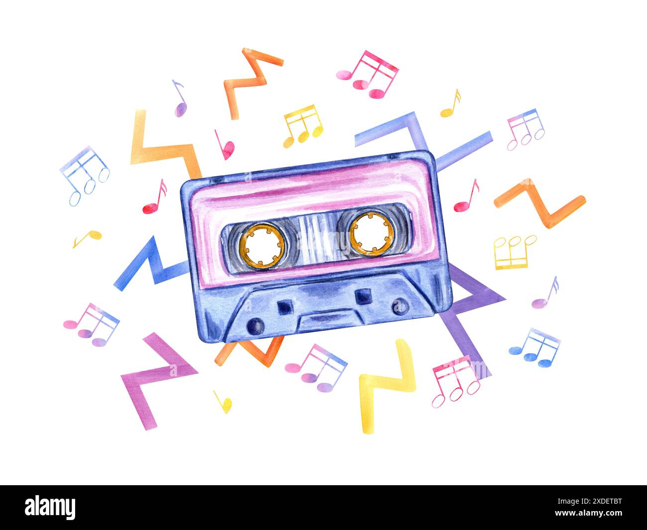 Retro-Kassettenband ist abgebildet, umgeben von lebendigen Musiknoten und Symbolen. Aquarellabbildung. Für Projekte mit Vintage-Musik Stockfoto