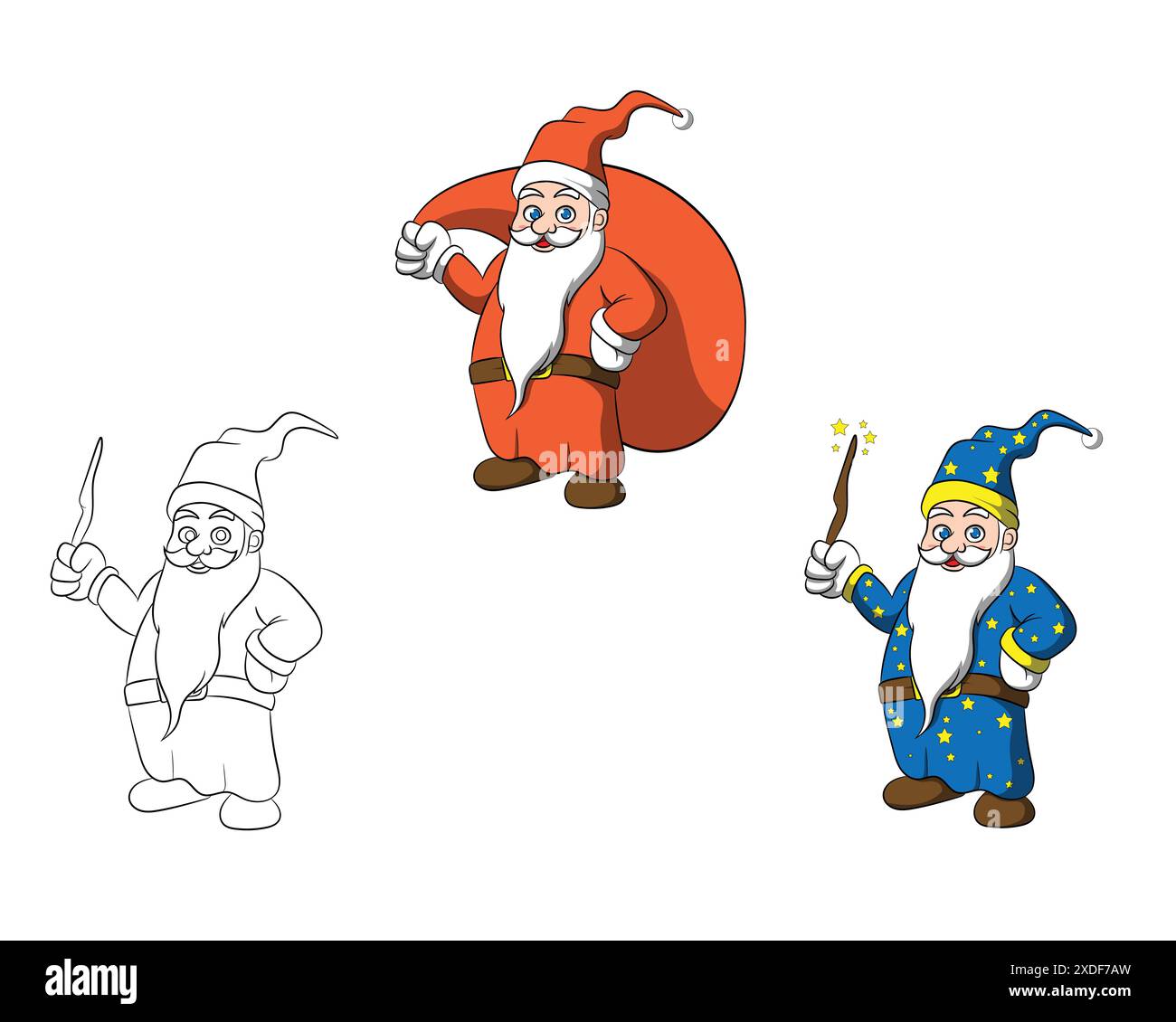 Lustiger Zauberer und Weihnachtsmann-Geschenk-Cartoon-Charakter Stock Vektor