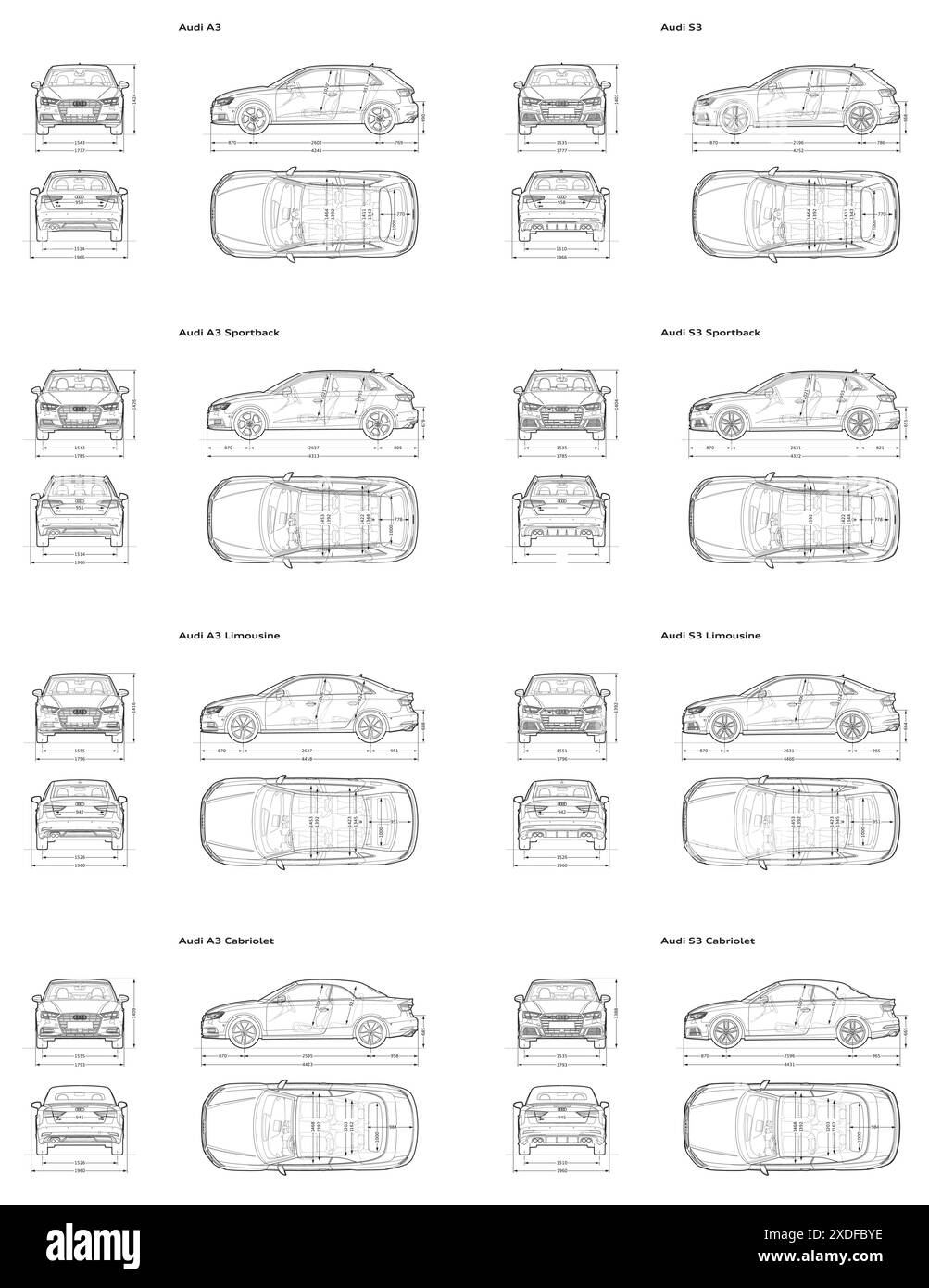 2017-2020 Audi A3 - S3 Auto Blueprint Kollektion Stock Vektor