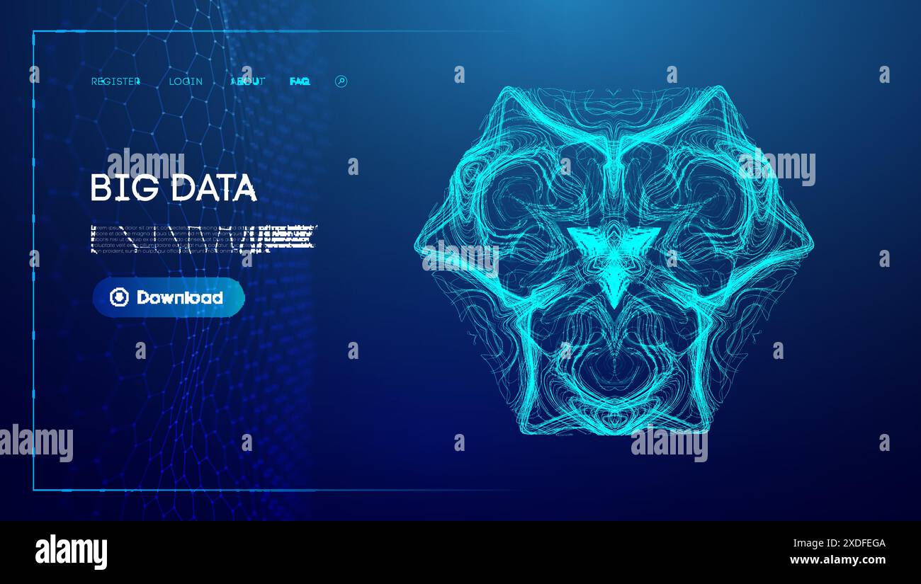 Abstrakte Visualisierung von Big Data in Blautönen mit geometrischen Mustern und einer Download-Schaltfläche. Datenanalyse und Technologie Stock Vektor