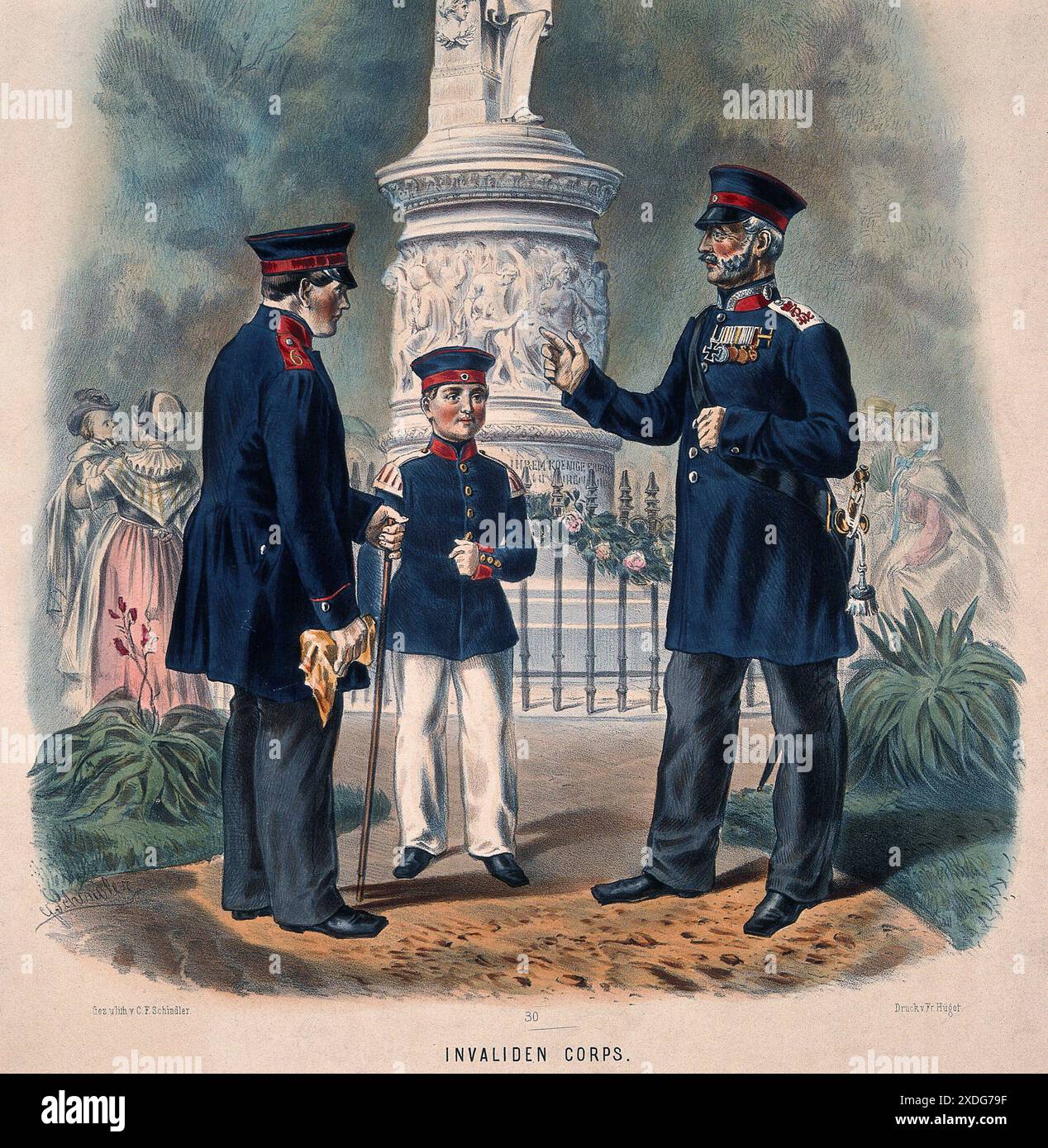 Diese Lithografie von C. F. Schindler aus dem Jahr 1900 zeigt zwei ältere deutsche Kriegsveteranen und einen jüngeren Soldaten an einer Statue in der Berlins Siegesallee. Die Veteranen stammen wahrscheinlich vom Invaliden Corps, wobei der jüngere Soldat aufmerksam wird und möglicherweise eine Führung erhält. Die Ende des 19. Jahrhunderts erbaute Siegesallee zeigte Statuen bedeutender Figuren aus der preußischen Geschichte. Stockfoto