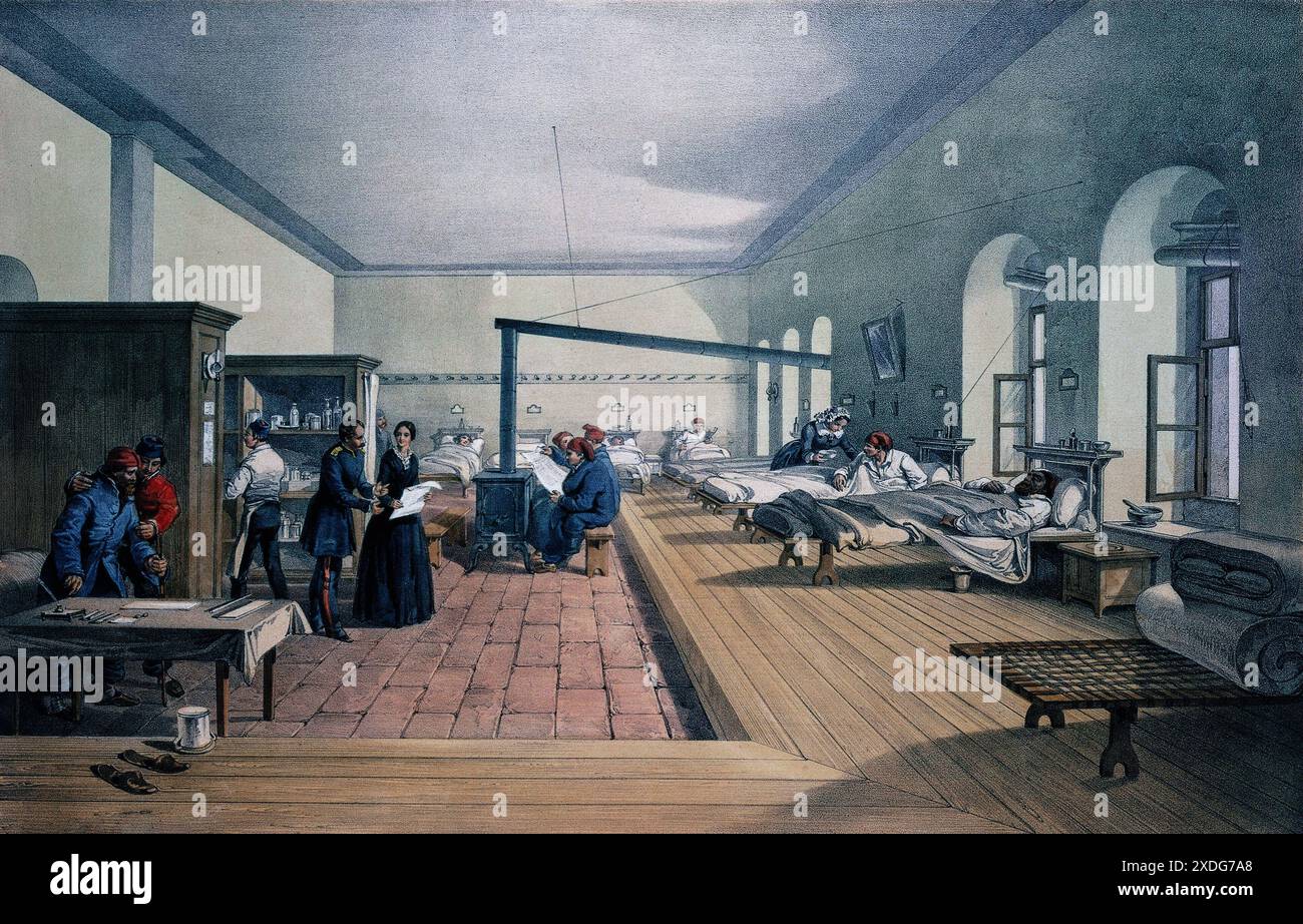 Eine farbige Lithografie, die Florence Nightingale in einer Station des Scutari Krankenhauses während des Krimkrieges darstellt. Das Bild zeigt eine Nachtigall, die mit einem Soldaten spricht, während sie von verwundeten Männern in ihren Betten umgeben ist. Die Lithografie wurde 1856 von E. Walker nach einer Zeichnung von William Simpson erstellt. Stockfoto