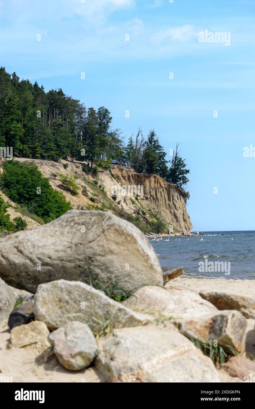 Blick auf die Klippe in Gdynia Orłowo an einem sonnigen Sommermorgen. Ruhige Ostsee. Große Felsbrocken im Vordergrund. Polen, Pommern, Gdynia. Stockfoto