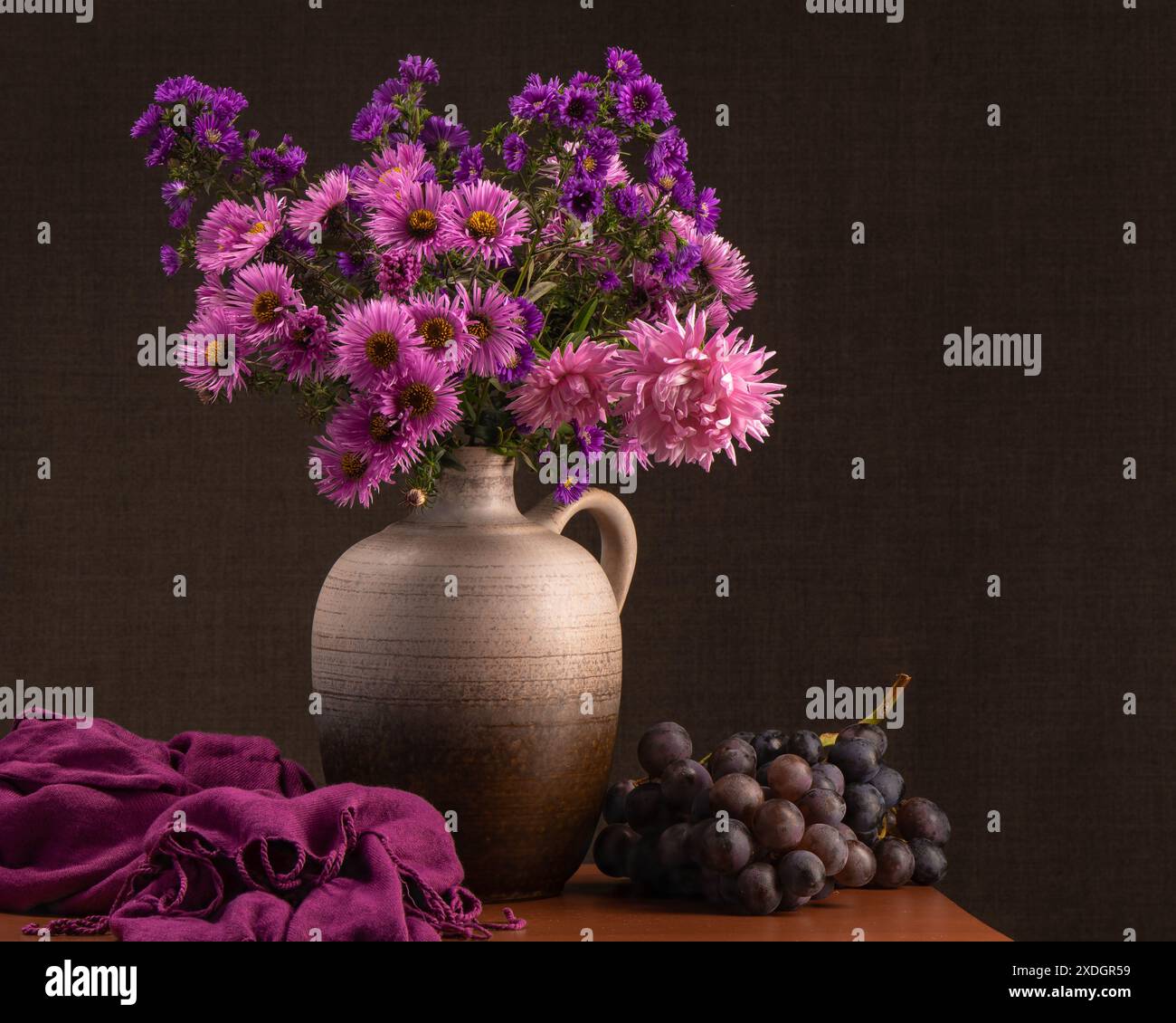 Stilleben mit einem Bouquet aus violetten Chrysanthemen, Astern und blauen Trauben. Schöner Herbst. Dunkelgrauer Hintergrund. Lila Schal. Stockfoto