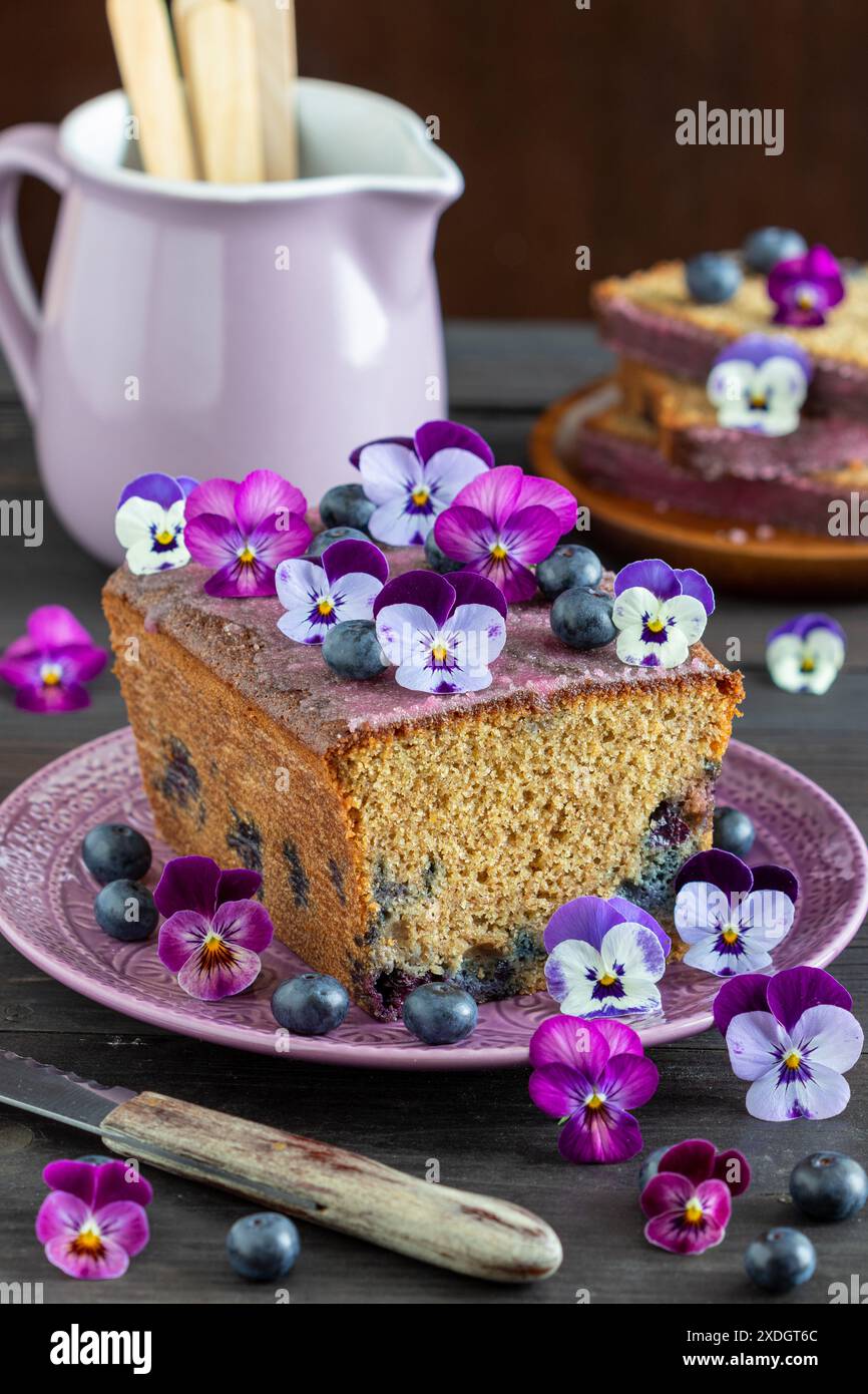 Vollkornmehlkuchen mit Heidelbeeren, verziert mit Bratchenblüten Stockfoto