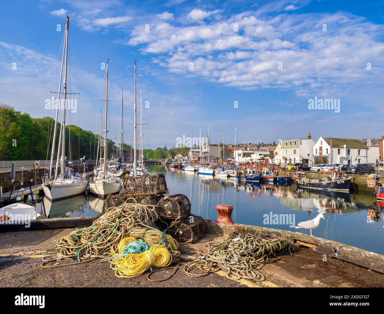 15. Mai 2024: Eyemouth, Schottland, Vereinigtes Königreich - der Hafen an einem hellen Frühlingstag Stockfoto