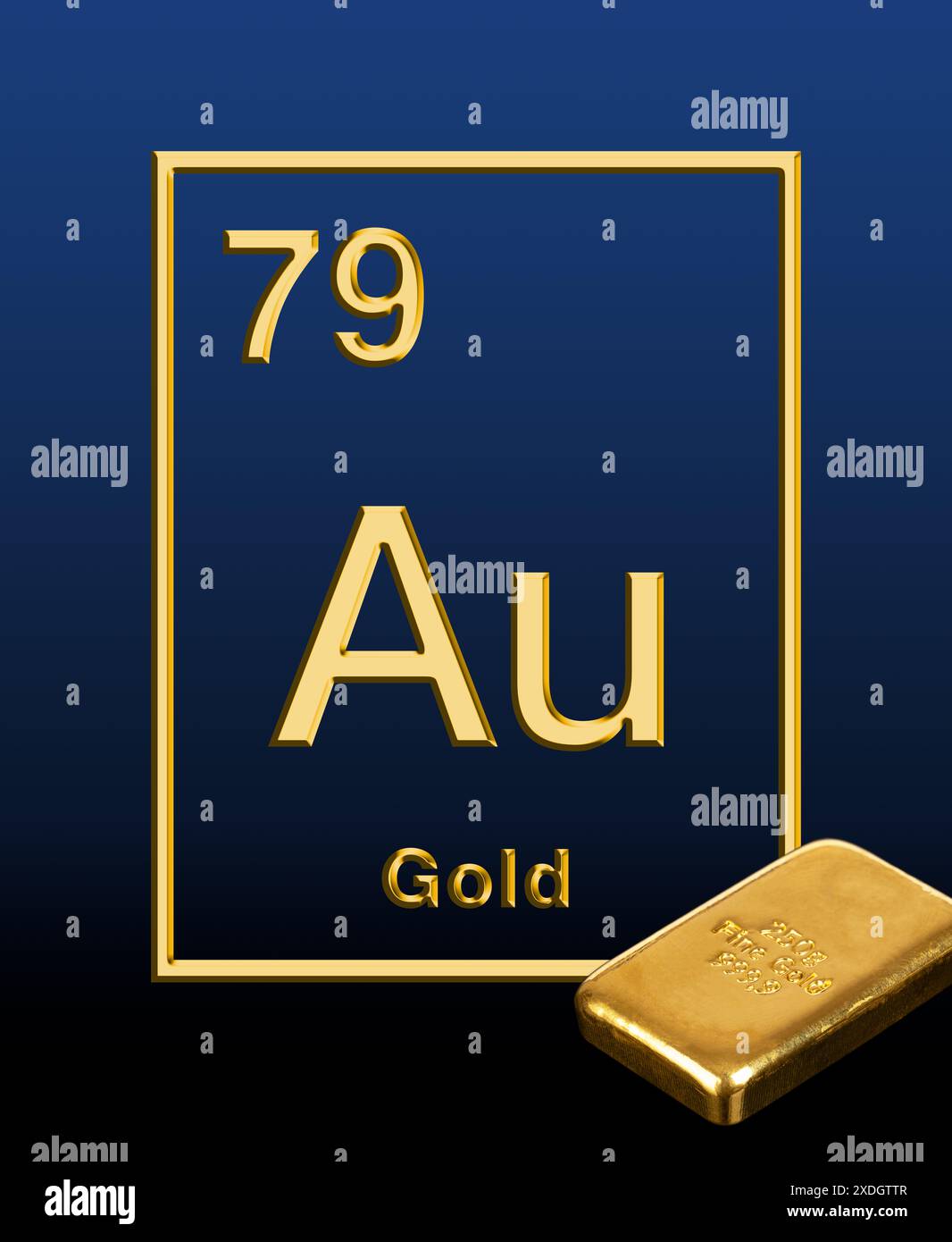 Gegossener Goldbarren und das chemische Element Gold aus dem Periodensystem mit lateinischem Namen aurum, Symbol Au und Atomzahl 79. Stockfoto