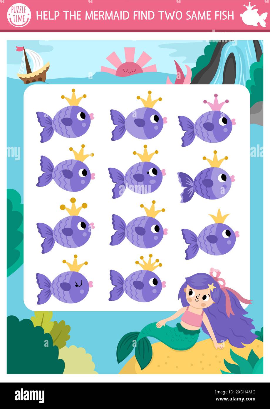 Finde zwei gleiche Fische. Märchenhafte Aktivität zum Ozeanreich für Kinder mit Meerjungfrau und Meereslandschaft. Quiz-Arbeitsblatt für Kinder zur Unterrichtsausbildung. Stock Vektor