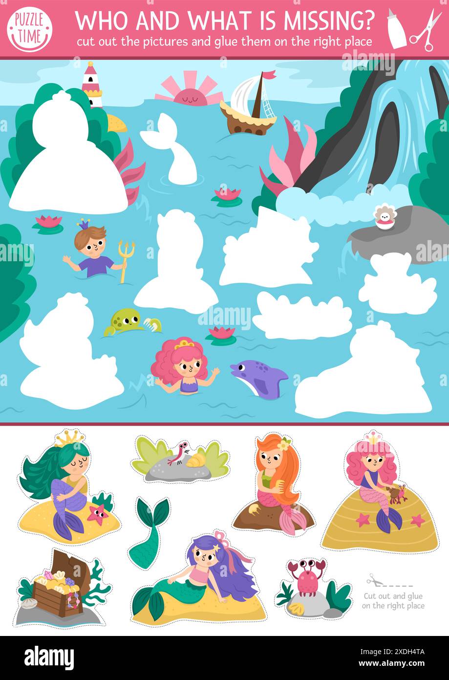 Vektor-Meerjungfrau Schnitt- und Kleberaktivität. Bastelspiel mit süßer Lagunenlandschaft mit Meeresprinzessin. Unterhaltsames, druckbares Arbeitsblatt für Kinder. Finden Sie die Stock Vektor