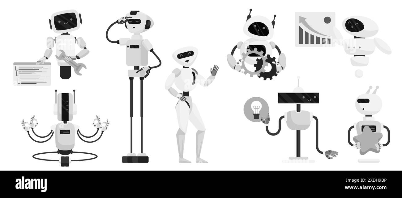 Chatbot-Zeichen, verschiedene KI-Assistenten eingestellt. Niedliche futuristische monochrome Roboter mit freundlichen und glücklichen Gesichtern im Chat-Gespräch, halten Glühbirne, Ausrüstung und Star Cartoon Vektor Illustration Stock Vektor