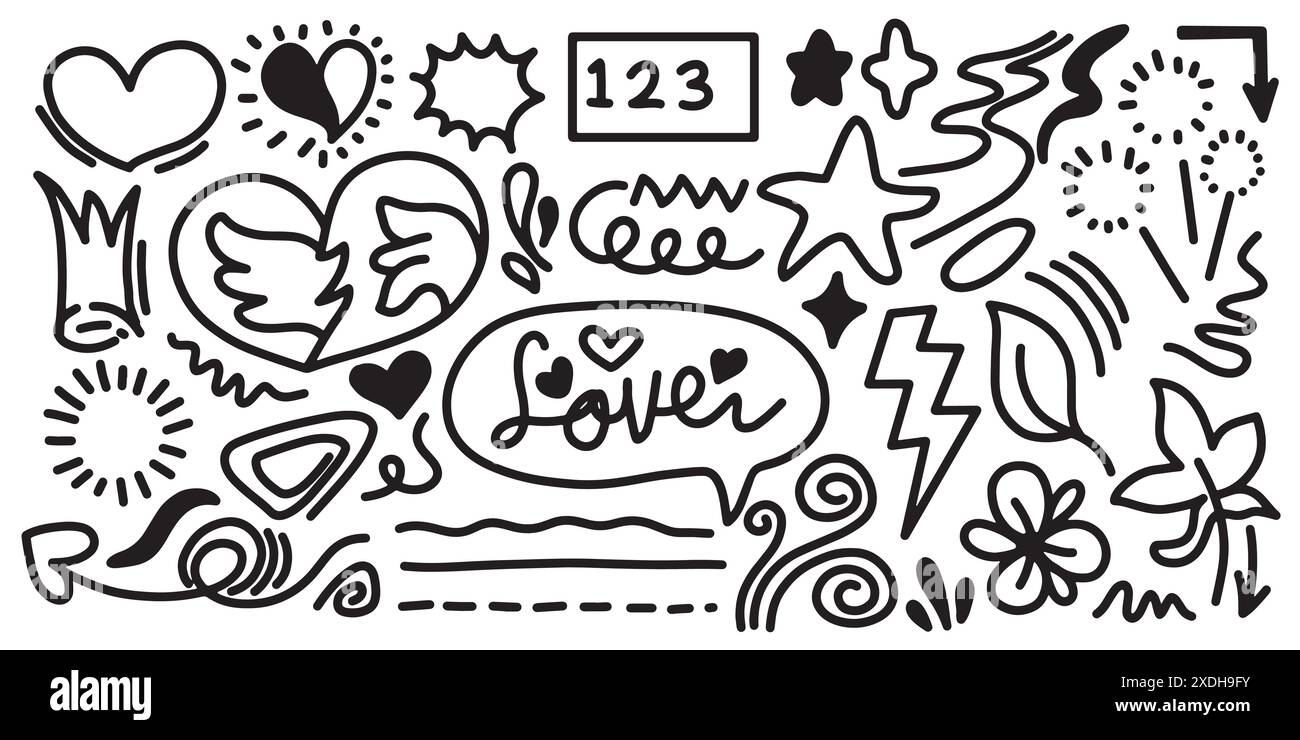 Blätter, Herzen, abstrakte, Bänder, Pfeile und andere Elemente in handgezeichneten Stilen für Konzeptdesigns. Illustration mit Kritzeleien. Vektorvorlage für Decora Stock Vektor