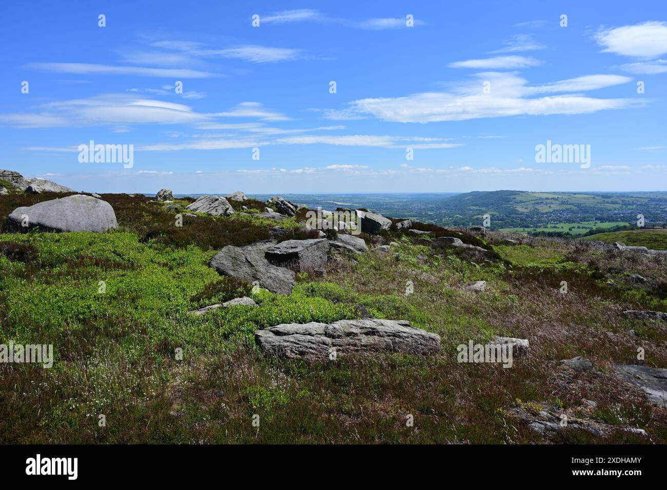 Burley Moor, felsige Landschaft in der Sommersonne, Yorkkkshire Stockfoto