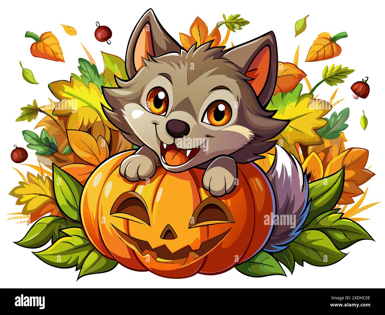 Niedlicher Wolfshund in einem Halloween-Motto mit geschnitzten Kürbissen und Herbstblättern. Konzept festlicher Tierkunst, saisonaler Illustration und Urlaub Stock Vektor