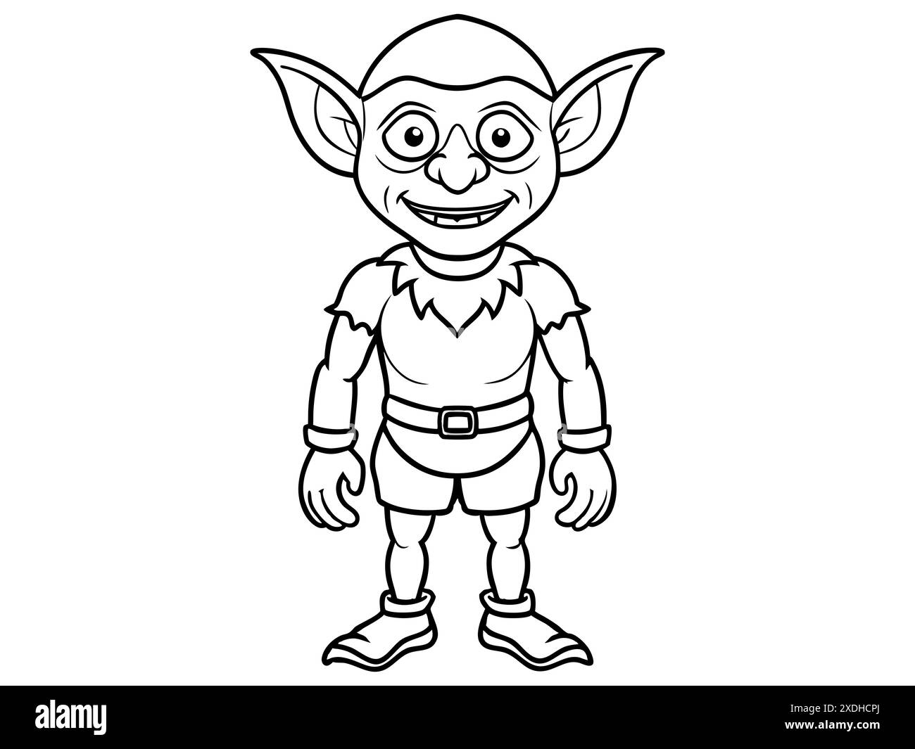 Schwarze Goblin-Umrissillustration isoliert auf weißem Hintergrund. Konzept von Fantasy-Kreatur, Troll, Halloween, mythische Figur, niedliches Monster, Spiel Stock Vektor