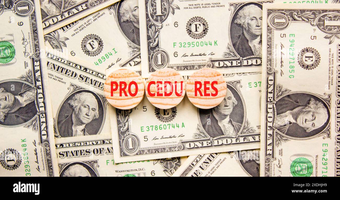 Symbol „Maßnahmen“. Konzeptwortverfahren an schönen Holzkreisen. Dollarscheine. Wunderschöner Hintergrund von Dollarscheine. Business Procedures conc Stockfoto