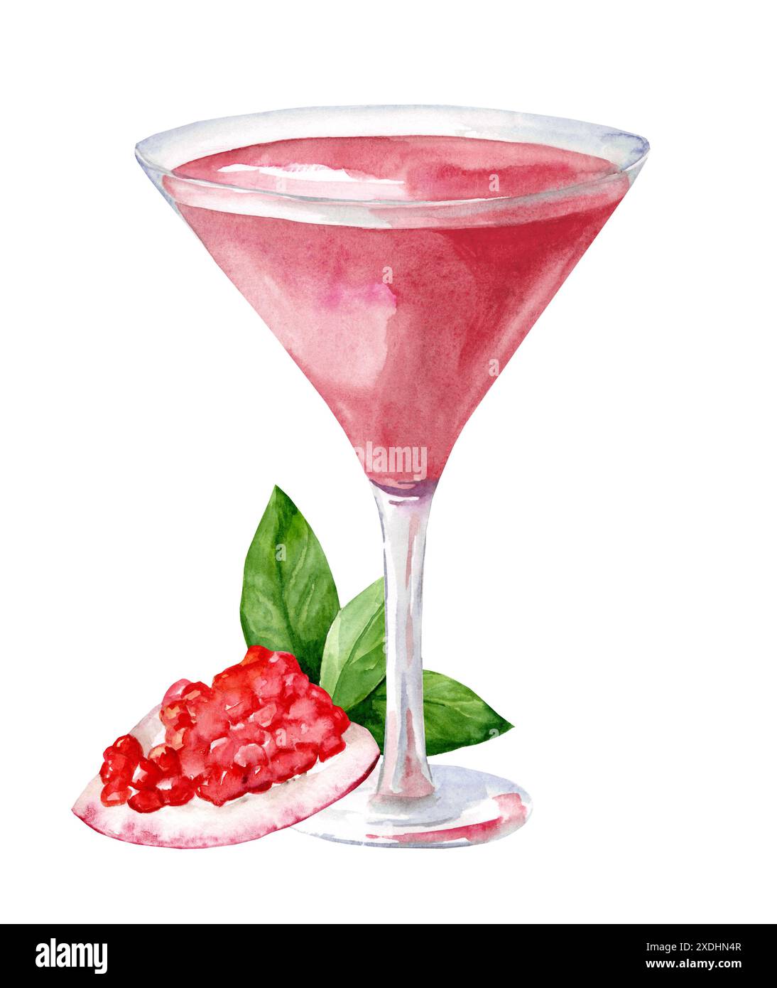 Aquarellillustration eines Granatapfelcocktails garniert mit frischen Blättern. Zeichnung von Alkohol für Bars und Cafés Stockfoto