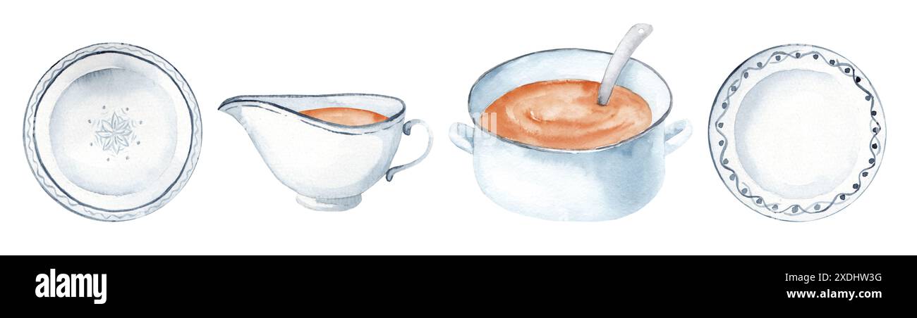 Aquarellset Illustrationen von Küchenutensilien isoliert auf weißem Hintergrund. Keramikgerichte und Pfanne mit Tomatensauce für die Menügestaltung Stockfoto