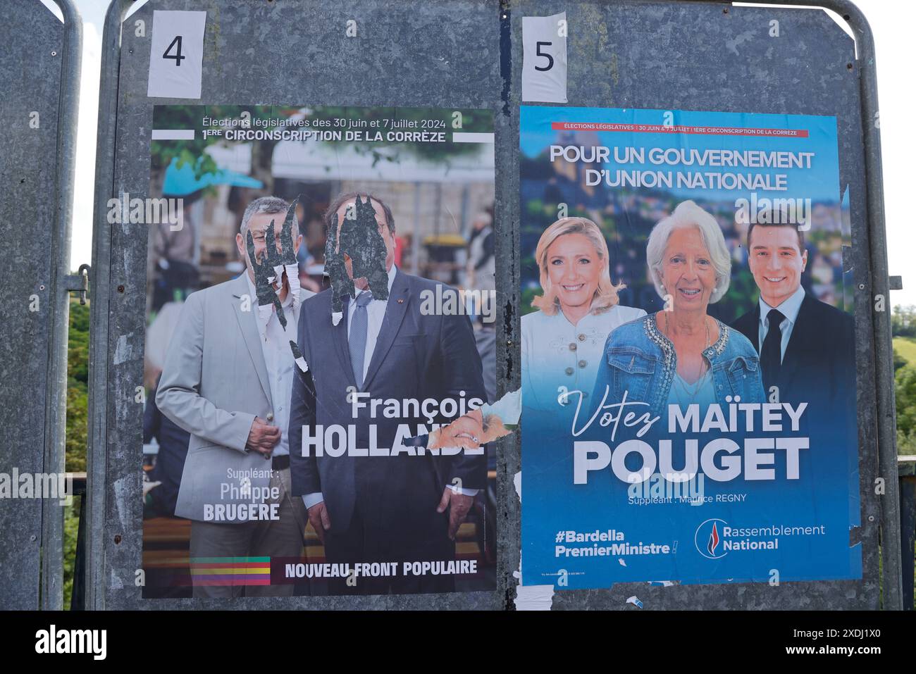 Corrèze, Frankreich. Juni 2024. Francois Hollande kandidierte für die Parlamentswahlen vom 30. Juni und 7. Juli 2024 in Corrèze. Wahlplakat des ehemaligen Präsidenten der Französischen Republik, Francois Hollande, Kandidat für den 1. Wahlkreis des Departements Corrèze. Er ist Mitglied der Wahlkoalition New Popular Front/Nouveau Front Populaire. Diese frühen Parlamentswahlen in Frankreich folgten der Auflösung der Nationalversammlung durch den Präsidenten der Französischen Republik Emmanuel Macron. Emmanuel Macron hat beschlossen, die Nationalversammlung aufzulösen Stockfoto