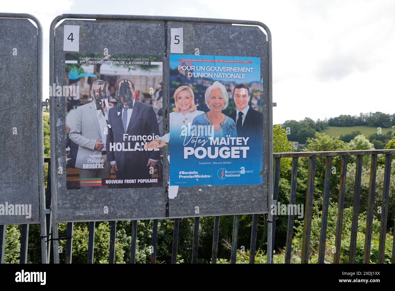 Corrèze, Frankreich. Juni 2024. Francois Hollande kandidierte für die Parlamentswahlen vom 30. Juni und 7. Juli 2024 in Corrèze. Wahlplakat des ehemaligen Präsidenten der Französischen Republik, Francois Hollande, Kandidat für den 1. Wahlkreis des Departements Corrèze. Er ist Mitglied der Wahlkoalition New Popular Front/Nouveau Front Populaire. Diese frühen Parlamentswahlen in Frankreich folgten der Auflösung der Nationalversammlung durch den Präsidenten der Französischen Republik Emmanuel Macron. Emmanuel Macron hat beschlossen, die Nationalversammlung aufzulösen Stockfoto