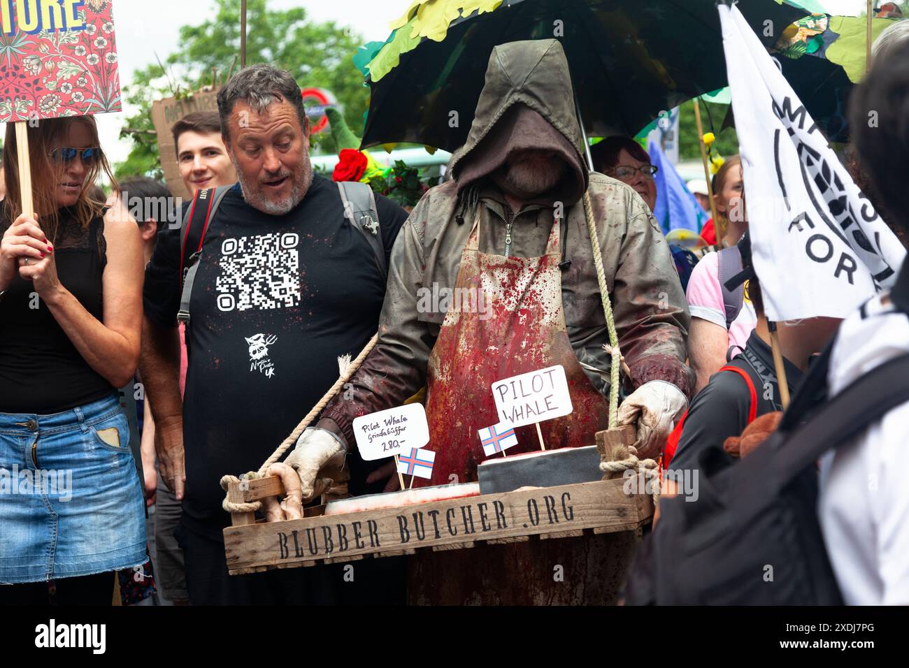 Ein Aktivist spielt die Rolle eines Walfleischmetzgers, in The Restore Nature Now March, London, UK, 22. Juni 2024 Stockfoto