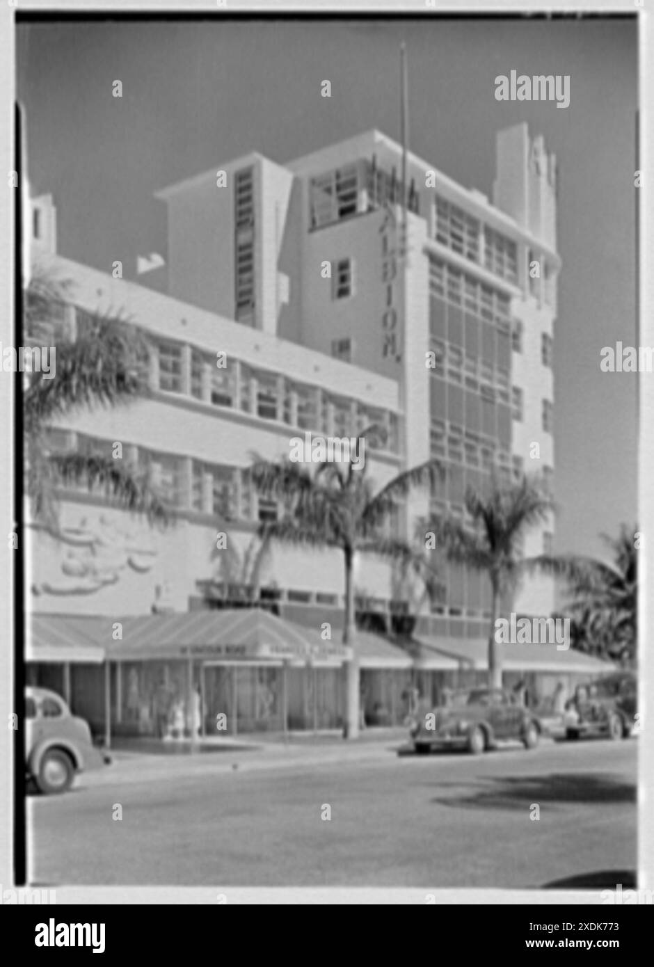Albion Hotel, Lincoln Rd., Miami Beach, Florida. Vertikale Ansicht von Westen. Gottscho-Schleisner Kollektion Stockfoto