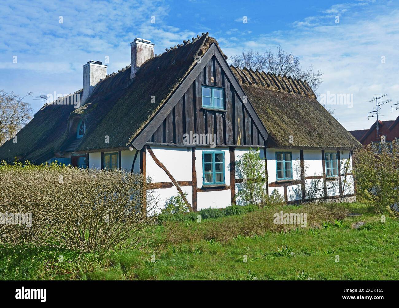 Fachwerkhaus mit Reetdach in Knaebaeckshusen, einem kleinen Fischerdorf in der Nähe von Roerum, Gemeinde Simrishamn, Skane County, Schweden, Skandinavien Stockfoto