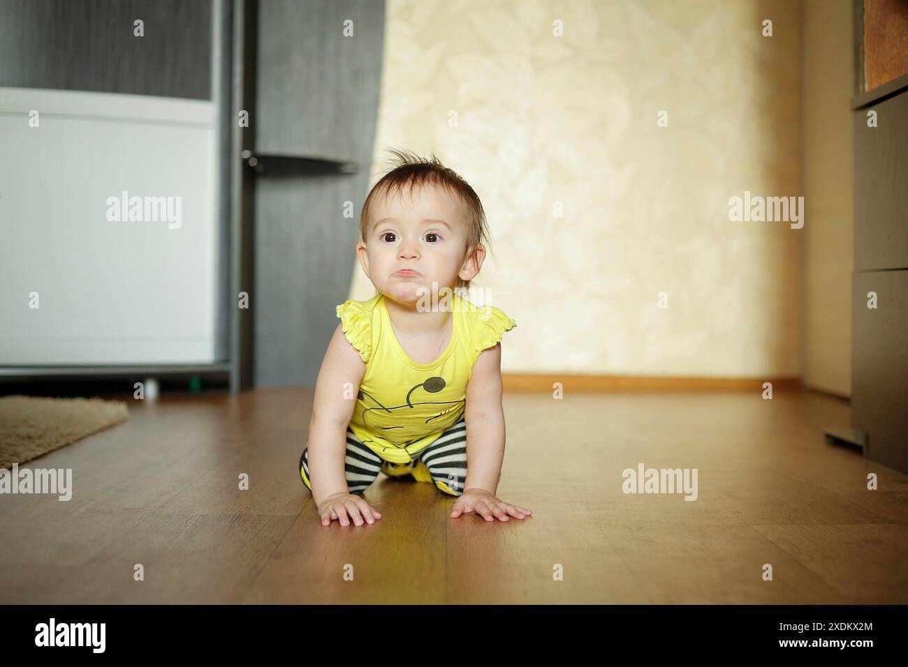 Ein Baby in gelbem Outfit und gestreifter Hose krabbelt auf einem Holzboden in einer gemütlichen Umgebung Stockfoto