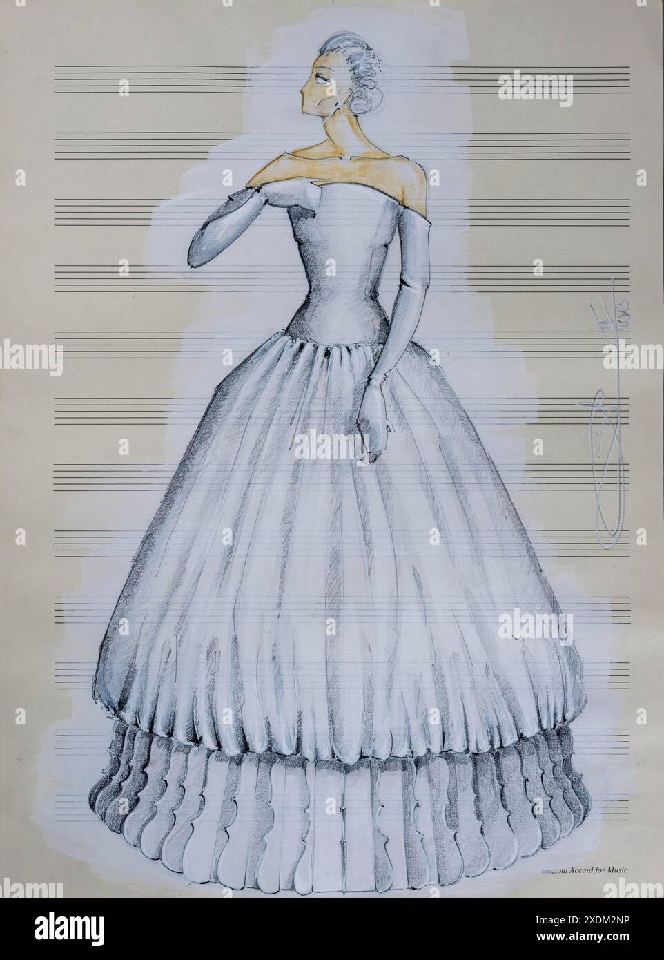 Abendkleid, Modeskizze, Modedesign, Damenmode, Haute Couture Kollektion, Bleistiftzeichnung, Aquarellpastellfarben, Aquarellfarben, Pastell Stockfoto