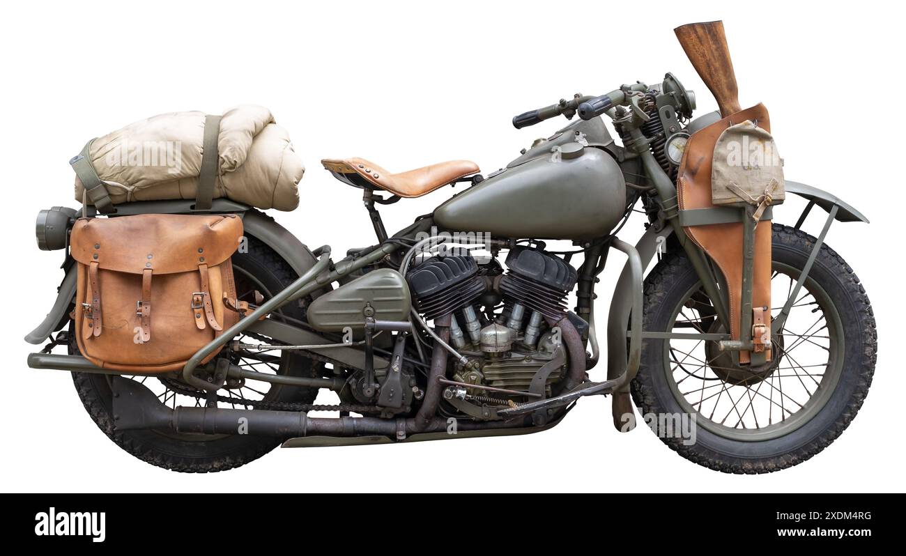 Ein Vintage Green US World war II Army Motorrad, mit Gewehr, isoliert auf weißem Hintergrund Stockfoto