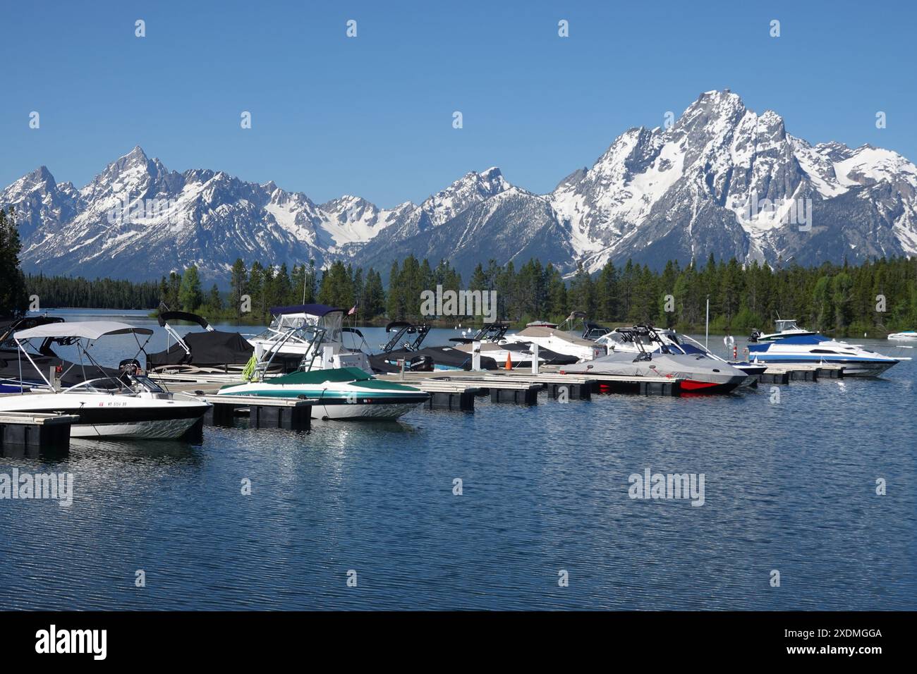 Colter Bay Village Marina Dock am Jackson Lake mit den schneebedeckten Grand Teton Bergen im Hintergrund im Grand Teton National Park, Wyoming Stockfoto