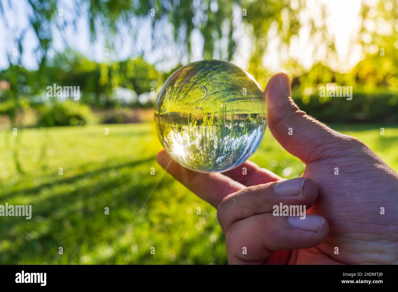 Park beleuchtet von goldenem Sonnenlicht mit Blick auf die Glaskugel Stockfoto
