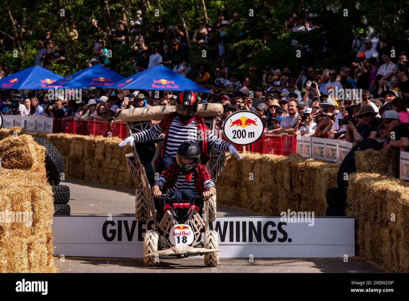 Edmonton, Kanada. Juni 2024. Die französischen Kanadier haben den letzten Sprung beim Red Bull Soap Box Derby in Edmonton geschafft. Mehr als 400 Einsendungen gingen ein. 58 Teilnehmer, die ausgewählt wurden, mussten auftreten, bevor sie ihre Soap Box Cars auf die Strecke brachten. Die Beiträge wurden von den Richtern für Leistung, Gesamtlook und Zeit gewählt. Die Fans stimmten für ihr Lieblingsteam aus der Seifenbox. (Foto: Ron Palmer/SOPA Images/SIPA USA) Credit: SIPA USA/Alamy Live News Stockfoto