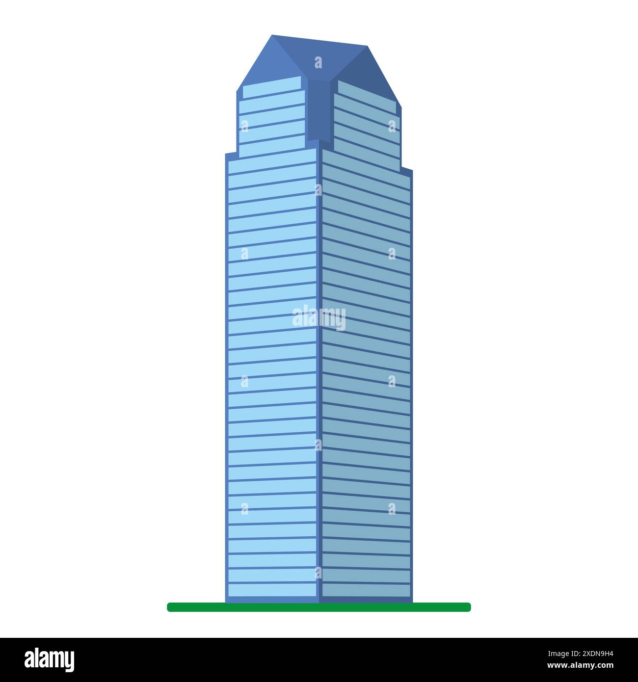 Ein modernes Hochhaus auf weißem Hintergrund. Blick auf das Gebäude von unten. Abbildung des isometrischen Vektors. Stock Vektor