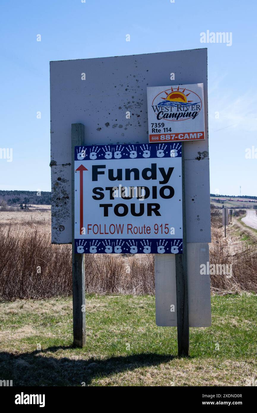 Werbeschilder für Fundy Studio Tour und Camping auf der NB 915 in Riverside-Albert, New Brunswick, Kanada Stockfoto