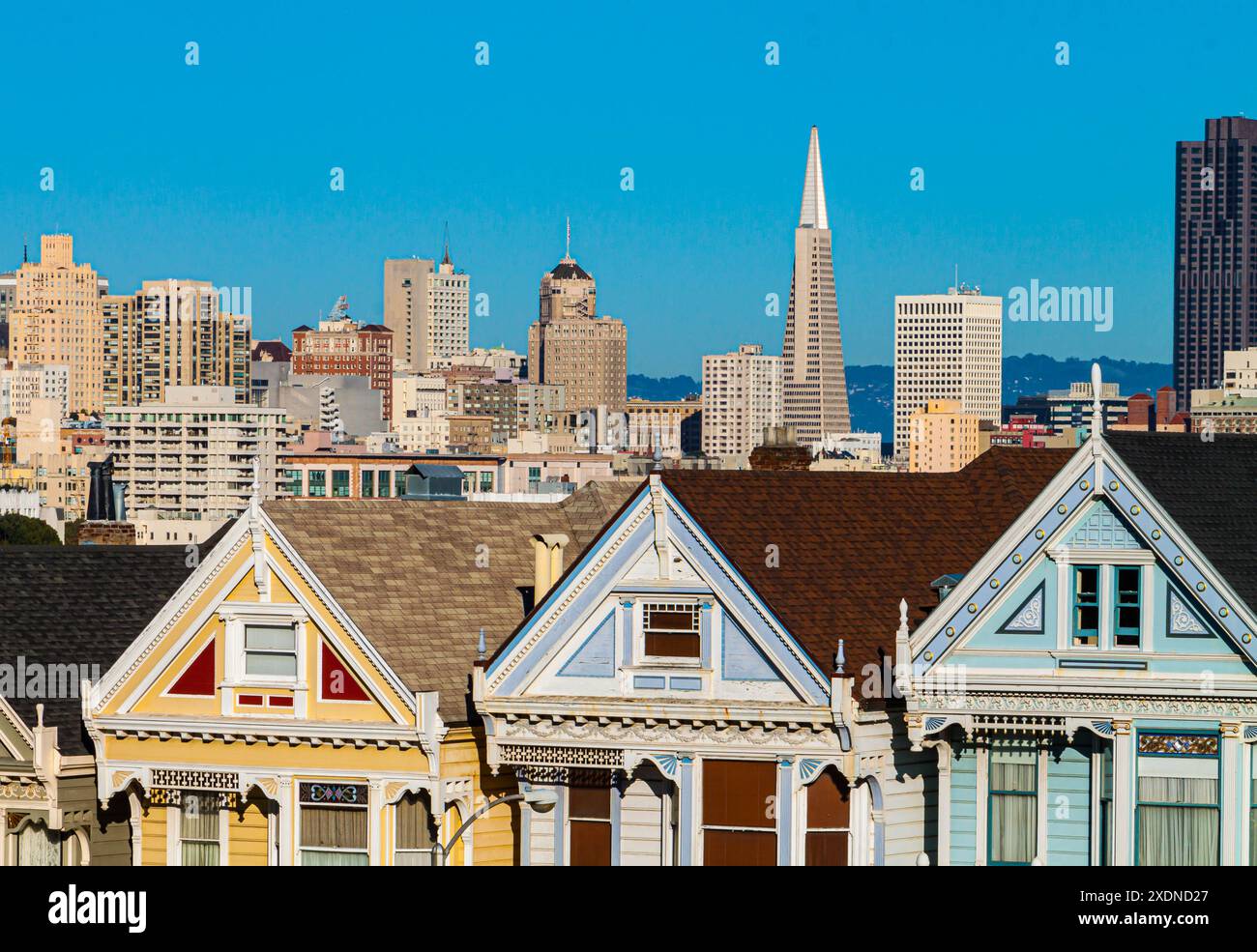 Reihe viktorianischer Häuser, bekannt als die „Painted Ladies“, Alamo Square Park mit der City Skyline in der Ferne, San Francisco, Kalifornien, USA Stockfoto