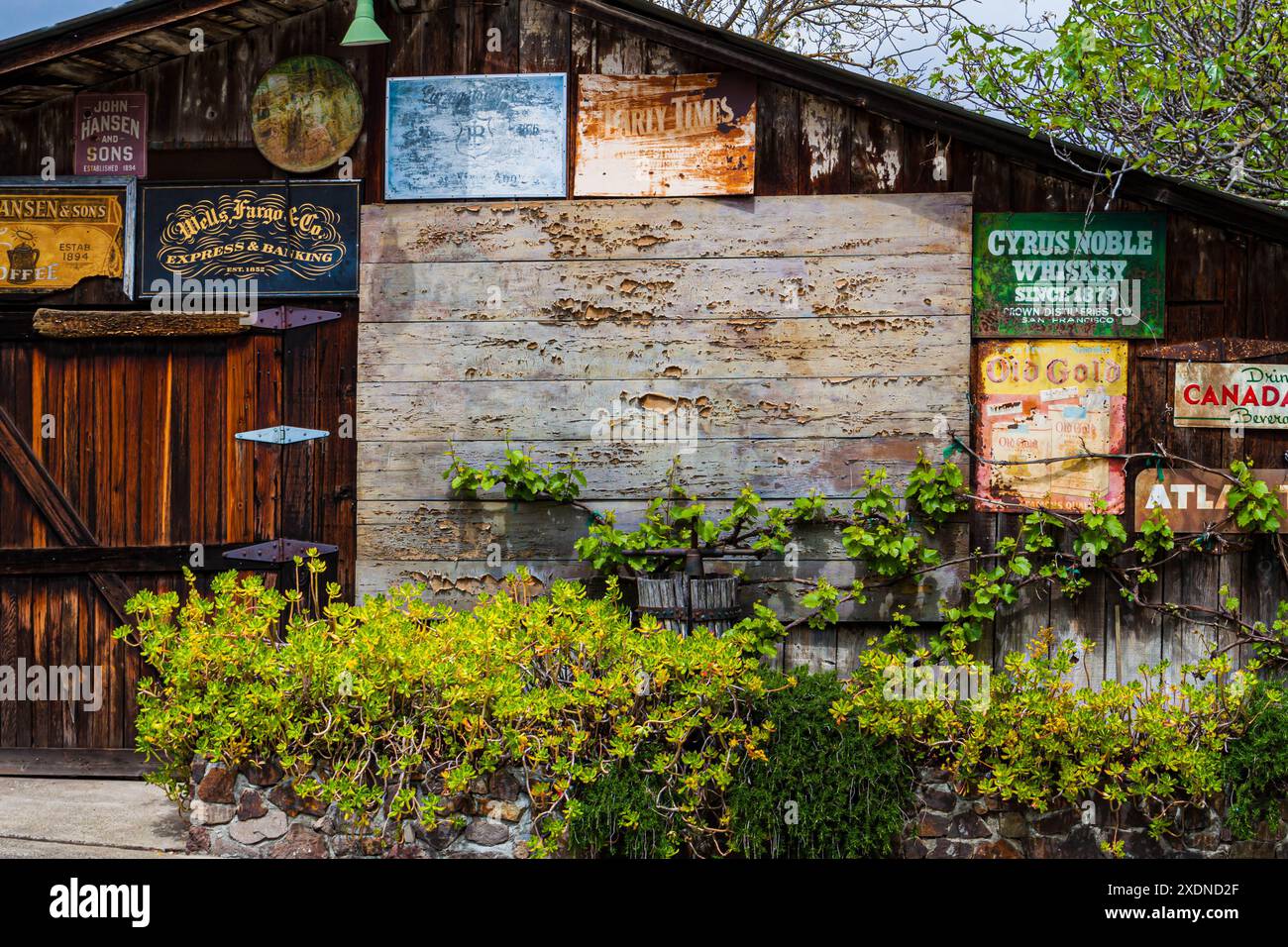 Antike Schilder an der Old Barn Wall in Downtown Sonoma, Kalifornien, USA Stockfoto