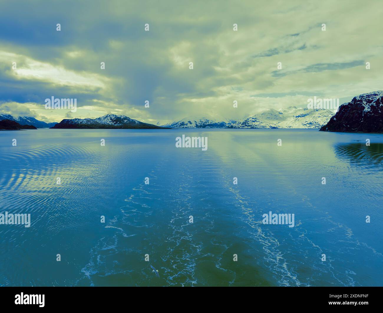 Der Glacier Bay National Park, Alaska, bietet malerische Landschaften in Bergen, Eis, Schnee und Wasser. Die Spur des Schiffes und der kleine Vogel leuchten im gelben blauen Himmel. Stockfoto